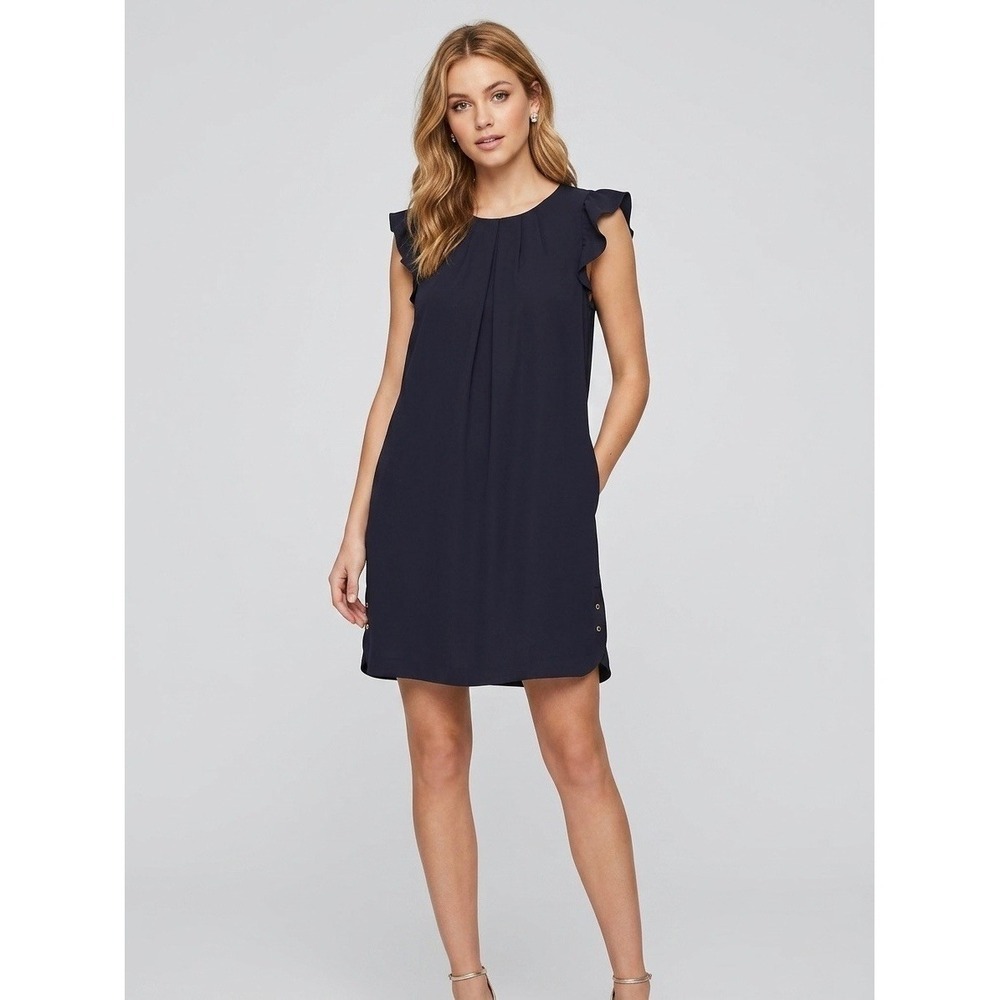 Zara Basic Navy Blue Ruffle Sleeve Pleated Shift Dress with Pockets XL
